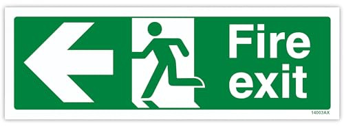 V Safety Fire Exit Arrow Left Sign - Landscape - 300mm x 100mm - 2mm Rigid Plastic, 14003AX-R2
