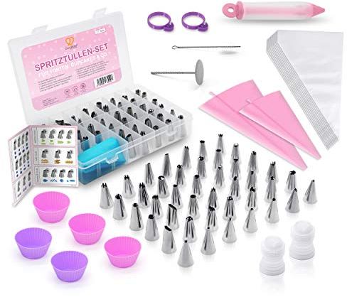 GoodBake Spritztüllen Set XXL 77-tlg. Spritzbeutel mit Tüllen aus Edelstahl, 42 Aufsätze, 5 Cupcake Förmchen
