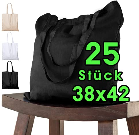 25 Stück Baumwolltasche 38 x 42 cm SCHWARZ unbedruckt lange Henkel Stofftasche Tragetasche Umhängebeutel Baumwollbeutel Jutebeutel ÖKO-TEX® Stoffbeutel Einkaufsbeutel Einkaufstasche leinentasche