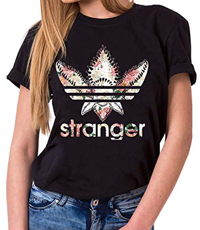 Stranger Valentin - T-Shirts Femme col Ras du Cou Things Demogorgon Elfie Dustin Jane Hopper Upside Down TV blu-Ray DVD, Farbe2:Noir, Größe2:Medium