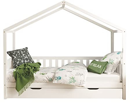 Vipack Dallas 1 Hausbett mit seitlicher Umrandung 90 x 200 cm Liegefläche und Bettschublade, Weiß
