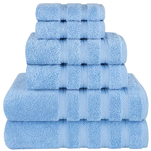 American Soft Linen Luxury 6 Piece Towel Set, 2 Bath Towels 2 Hand Towels 2 Washcloths, 100% Cotton Turkish Towels for Bathroom, Sky Blue Towel Sets
