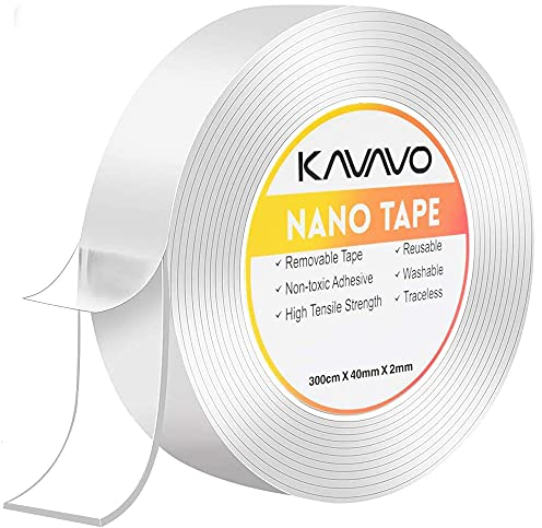 KAVAVO Cinta adhesiva mágica Nano (300 cm) cinta adhesiva multiusos sin costuras, cinta transparente extraíble, reutilizable y lavable. Cinta adhesiva de doble cara para oficina, moqueta, cocina.