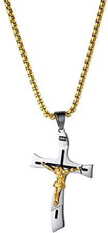 JewelryWe Schmuck Herren Kreuz Halskette mit Edelstahl INRI Kruzifix Jesus Christus Anhänger & Weizenkette Gold
