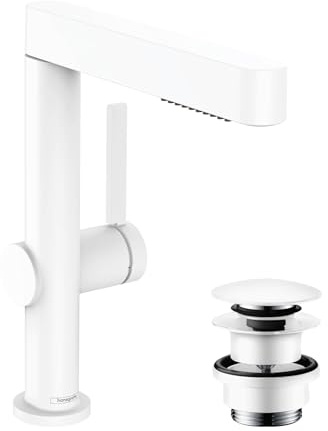 hansgrohe Waschtischarmatur Finoris, Wasserhahn Bad mit Auslauf Höhe 230 mm, mit Push-Open Ablaufgarnitur, Badarmatur wassersparend, Mattweiß