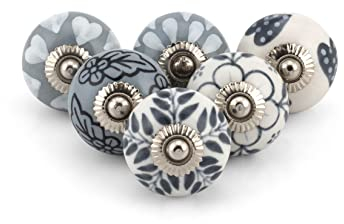 Craft Trade Grau Türschrankknopf Boho Antik Keramik-Türknöpfe Kommode Schublade Zieht Hardware Knöpfe fur Küche Möbel Messing und Schrank - 06 Stück