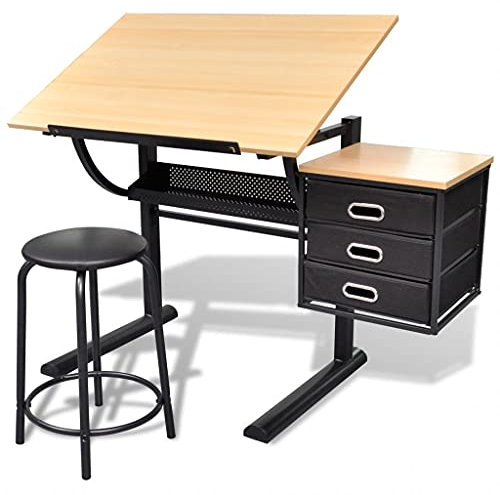 Chenshu Zeichentisch mit neigbarer Tischplatte 3 Schubladen und Hocker, Maltisch Erwachsene, Drawing Table, Architekt, Arbeitstisch, Schreibtisch, Zeichenplatte, Zeichenbrett,
