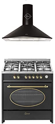GURARI Gas Standherd, Herdset GCH E 914 BL r + GCH C 046 BL 9, Retro Backofenset 90 cm, Erdgas/Prophan/FL.Gas, Range Coocker, 121 L, Schwarz + Dunstabzugshaube, Wandhaube 90 cm, Schwarz, Abluft/Umluft