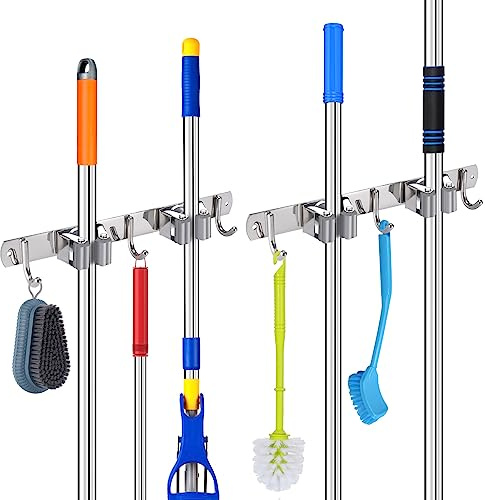 Hejo 2 Stück Besenhalterung Wand, 304 Edelstahl Gerätehalter Besen Mop Halter, Wandhalterung Besen mit 2 Halter und 3 Haken für Küche, Badezimmer, Garten, Zuhause Garage (Grau)