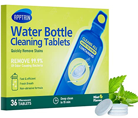APPTRIN Water Bottle Cleaning Tablets, Bottle Clean Tablet Pack of 36, Cleansing Tablets for All Plastics and Glass Drinking Containers,Individually Packed,Mint