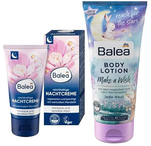 Balea 2er-Set Hautpflege: Reichhaltige Nachtcreme intensive Feuchtigkeit mit Mandelöl, 50 ml + Bodylotion Bloomy Days Feuchtigkeits-Pflege Sheabutter, Mondstein-Extrakt, blumiger Duft, 200 ml (350 ml)