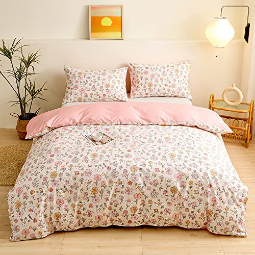 YASMENG Set di biancheria da letto 135 x 200 cm, multicolore, motivo floreale, beige, rosa, set di biancheria da letto double-face, morbido, in microfibra, con copripiumino da 2 pezzi, con chiusura
