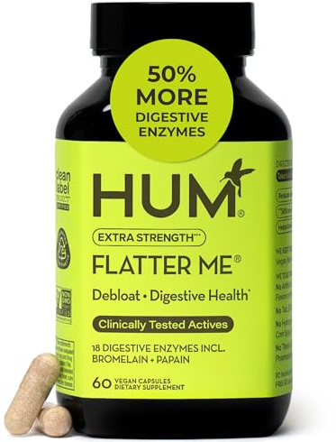 HUM Flatter Me Extra Strength Digestive Enzymes for Women, Men, Digestive Gut Bloating Supplement, Ginger, Peppermint Leaf, Fast Acting Anti Bloat Pills Multi Enzyme for Debloating, 60 Capsules