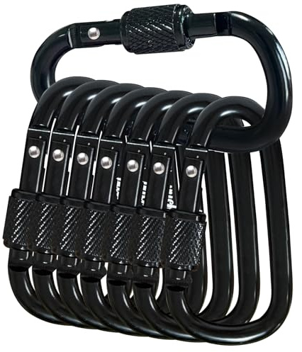 YUCHIYA 8 Pack D-Shape Carabiner Clasp with Screw Gate, 2.2 Inch Mini Keychain Clip Key Chain Buckle, Aluminum Alloy Keyrings Hook for Outdoor Hiking not for Climbing (D with Screw, Black)
