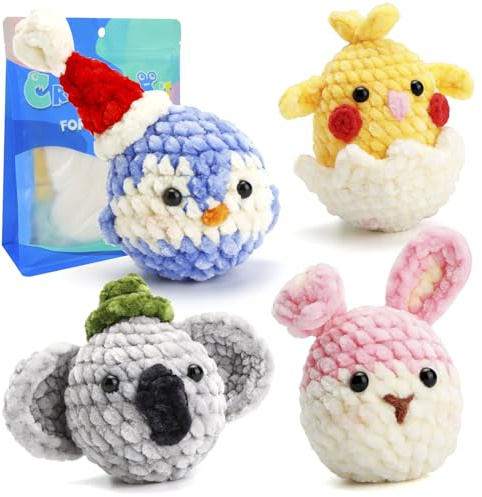 URFEDA Komplettes Tiere Häkel Set für Anfänger, Chenille Häkelset für Anfänger,Kaninchen Koala Pinguin Küken Häkeltiere Set,Strickset mit Häkelnadeln,Häkel-Strick-Kit für Anfänger und Erwachsene