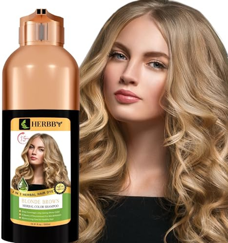 HERBBY Hair Color Shampoo for Gray Hair Coverage&Color Transform with 9 Herbal Extracts –Long Lasting(6-8 Weeks),Shiny,Evenly Colored,Instant Hair Dye Shampoo&Conditioner, 500 Ml (BLONDE BROWN COLOR)