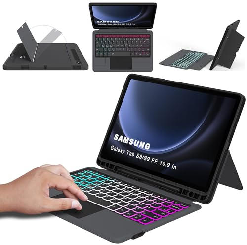 ROOFEI Hülle mit Tastatur QWERTZ für Samsung Galaxy Tab S10 Lite/S10 FE/S9 FE/S9 : Abnehmbare Tastatur mit Touchpad & 7 Farbige Beleuchtung & Kickstand - Tablette Hülle