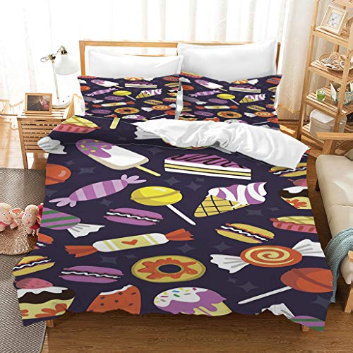 Bettwäsche 135X200Cm 3 Teilig 3D Lila Bonbondruck Druck Bettbezug Set, Baby Bettwäsche Weiche Flauschige Hypoallergen Mikrofaser Bettbezüge Mit Reißverschluss Und 2 Kopfkissenbezug