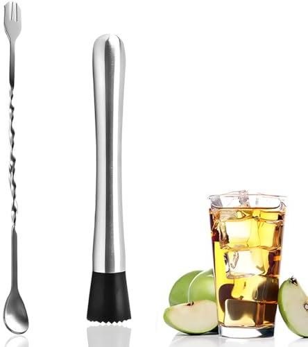KXUSW 21 cm Pilon en Acier Inoxydable pour Cocktail avec Cuillère à Cocktail 32 cm pour Cuisine-Pilon Cocktail-Presse-Citron Vert-Petit Broyeur à Glace-Convient pour Cuisine, Bar, Restaurantt