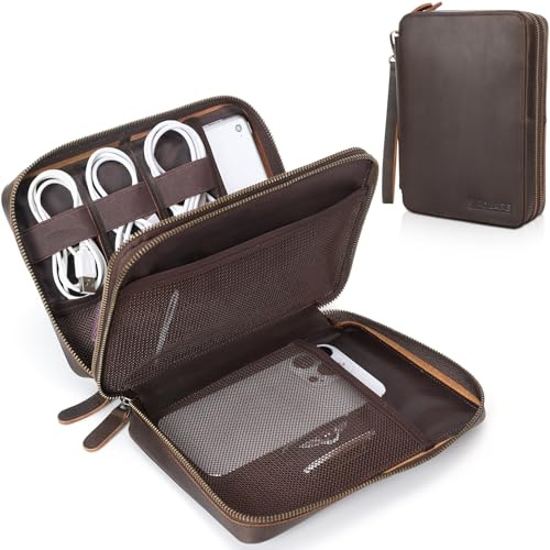 Polare - Custodia organizer per cavi in pelle pieno fiore per accessori elettronici, con cerniere YKK, custodia all-in-one per cavi, power bank, USB, scheda SD, accessori da viaggio, Marrone scuro