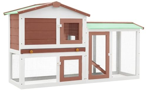 BAZZI Großer Outdoor Kaninchenstall aus Holz in Braun und Weiß, Hasenstall, Meerschweinchen Käfig, 145x45x84 cm, Freilaufgehege, Hasenhaus, Kleintierhaus, Hamsterkäfig, Kaninchengehege, Kleintierkäfig