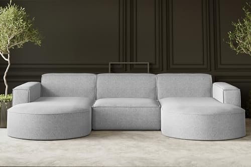 Kaiser Möbel - Ecksofa mit Wohnlandschaft, Sofa U-Form, Polstersofa, Bequemes Couch mit Ottomanen für Wohnzimmer, Relaxsofa, Bigsofa, Lounge-Set U Form, Verita Stoff, Modena U Studio, Grau