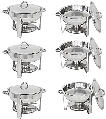 6Pack Chafing Dish Buffet Set, Round Stainless Steel Chafers Warmer Tray with Fuel Holder for Parties Events Wedding, 5 Quart Capacity