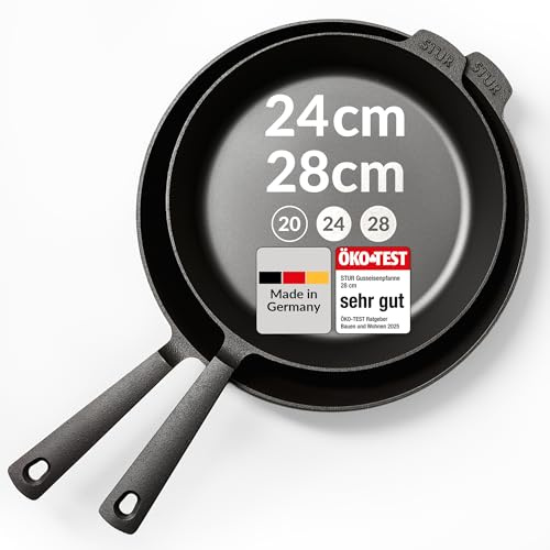 STUR Gusseisenpfannen-Set 24 & 28 cm, 2x Cast Iron Pan für alle Herdarten | kratzfest, natürliche Antihaft-Beschichtung, schadstofffrei, PFAS-frei, Made in Germany, Doppelset