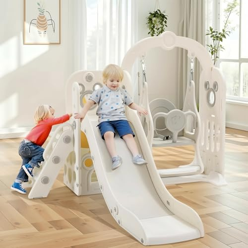 MAMIZO 7 in 1 Toddler Slide and Swing Set, Freestanding Kids Large Climber Playset with Basketball Hoop,Storage Space, Baby Indoor Outdoor Playground for Boys&Girls (White)