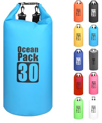 Morainjay Wasserdichter Beutel 2L-30L, Himmelblau, Verstellbarer Gurt, Schützt Telefon/Karte, Rucksack für Schwimmen/Rafting/Bootfahren