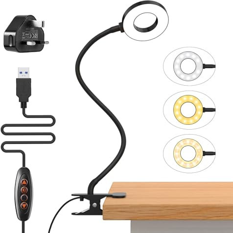 Clip on Light Reading Light, USB Desk Lamp, 50LED Reading Lamp, 3 Colors Book Light 10 Brightness Clip on Lamp,Flexible Desk Lamp USB Reading Light for Books in Bed Bedside Lamps