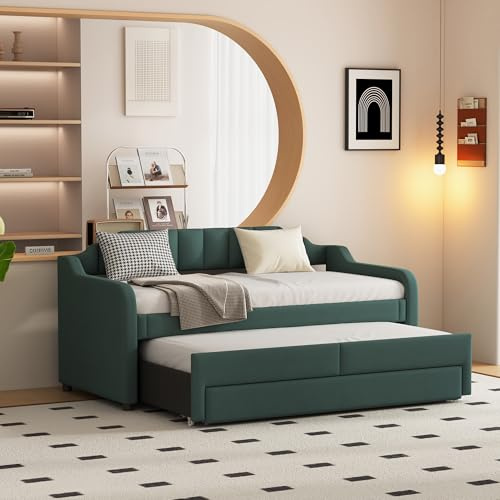 Sofá cama convertible de 2 plazas 90 x 200 con marco, maletero y contenedor enrollable, verde (sin colchón)
