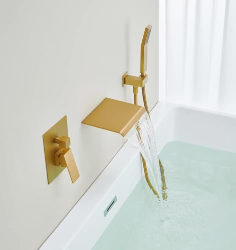 WEBO Deluxe Einbau-Badarmatur mit Handbrause, Wasserfall-Design, Zweigriff-Bedienung, gebürstetes Messing, Gold