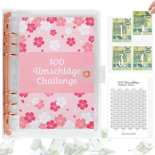 A5 Spar Challenge Buch mit 100 Sparchallenges und 25 Innenseiten | 100 Envelope Saving Challenge Rosa, 100 Umschläge Spar Challenge Binder to Save €5,050 in 100 Days für Budgetplaner