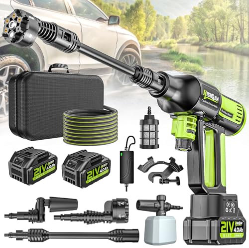 Akku Hochdruckreiniger, highsam Pressure Washer 4-Gang-Modus Max 120Bar, Druckreiniger Mobiler mit 2x4.0Ah Batterien, 6-in-1und 180° Drehbare Düse, Schaumsprüher, 5M Schlauch | Reinigung Bewässerung
