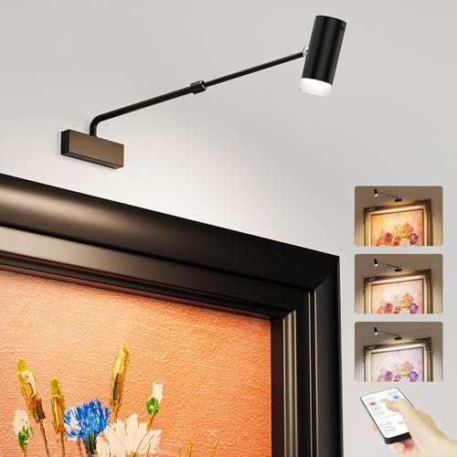 LABOREDUCER Luces inalámbricas para fotos con ajuste retráctil, luz de arte recargable regulable con control remoto, luz de imagen que funciona con pilas para pinturas, marcos de galería, diana de
