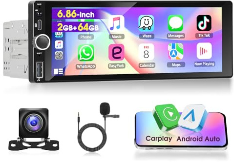Autorradio Android 1 DIN Motorsi con A-pple Carplay Compatible con Dab+ OBD2 DSP Android 15 Pantalla Táctil IPS de 6,9 Pulgadas GPS Bluetooth WLAN EQ FM/RDS+AHD Cámara de Visión Trasera y Micrófono