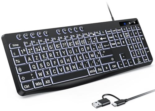 OMOTON Clavier Rétro-éclairé AZERTY, Clavier Filaire avec Grande Touches et pavé Numérique, Keyboard Facile à Lire Compatible PC Windows pour Les Malvoyants, Seniors, Enfants, Bureau et Usage