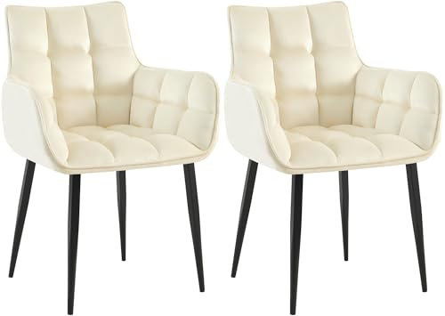CLP 2er Set Esszimmerstuhl Tirana I Sessel mit Samtbezug I Küchenstuhl mit Lehnen und schwarzem Metallgestell, Farbe:Creme
