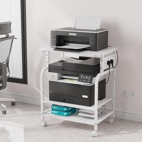 OYRREU 3-stufiger Druckertisch mit Steckdose und USB-Anschlüssen, verstellbare Einlegeböden, rollender Druckerständer für das Heimbüro, 3D-/Laserdrucker, Heißpresse (Weiß)