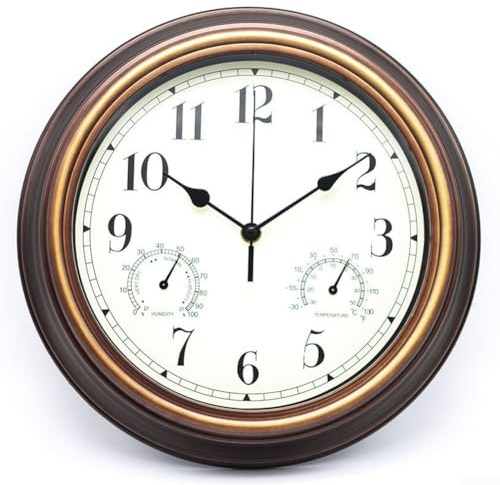 Wasserdichte Outdoor-Uhr, Vintage-Gartenuhren mit Thermometer und Hygrometer für Garten, Terrasse, Pool, Badezimmer, Heimdekoration, 30,5 cm (Rotkupfer)