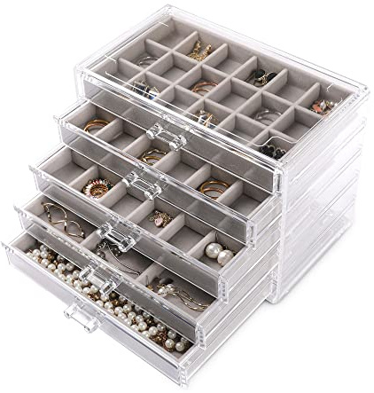 Frebeauty Acrylic Jewellry Organiser Earring Organiser Box with 5 Drawers Earring Holder Organizer with Velvet Trays Clear Jewellry Box for Women Earring Display for Rings Studs(Grey)