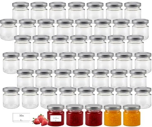 mikken 50 Mini Marmeladengläser 53ml mit silbernem Deckel inkl. Etiketten – kleine Einmachgläser für Marmelade, Honig, Geschenke, Basteln & Aufbewahrung (50)