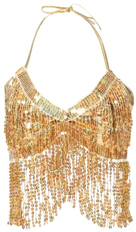Beaupretty Sparkling Sequin Halter Top with Tassel Fringe for Belly Dance Halloween Costumes and Performance Outfits Comfortable and Flexible Dance Top for Women Golden