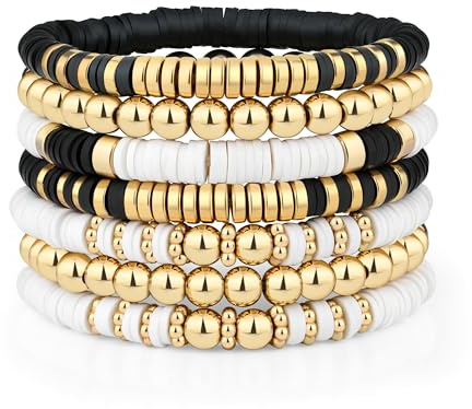 Sahoottie 7 Stück Stapelbares Freundschaftsarmbänder Set für Damen Muttertagsgeschenk Bohemian Stil Surferarmband Damen Polymer Clay Perlen Armbänder Stretch Sommer Strand Schmuck Set (Schwarze Weiße)
