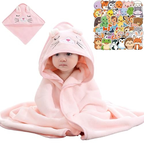 ZenyTra Rosa Kaninchen Kapuzenhandtuch Baby 80x80 cm - Weiches & Super Saugfähiges Babyhandtuch mit Kapuze aus Korallenvlies für Neugeborene, Baden, Schwimmen | Waschlappen inklusive（Tier Aufkleber）