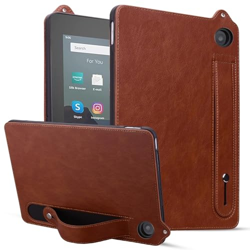 DNMYWAE Umweltfreundliche Tablethülle aus Leder Kompatibel mit Kindle Fire HD8/HD 8 Plus 2022 2020, stoßfeste Tablet-Hülle Ständer, Handschlaufen-Hülle, Lederhülle, TPU & PC(Brown)