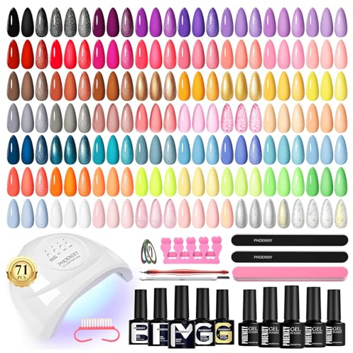 PHOENIXY Kit Uñas Semipermanentes Con Lámparas UV 55 Colors Esmaltes Semipermanentes Para Uñas 60 PCS Kit de Manicura Profesional Con 4 Capas Superiores de Efecto y Base Regalo Para Mujeres