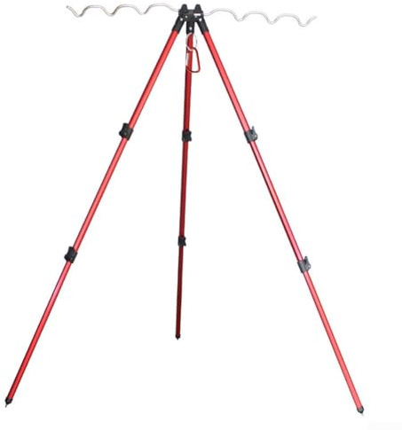 Jotekonoby Treppiede pieghevole da pesca, supporto retrattile in alluminio con gambe telescopiche e gancio di stabilità, regolabile per terreni irregolari, supporta 7 canne (B rosso)