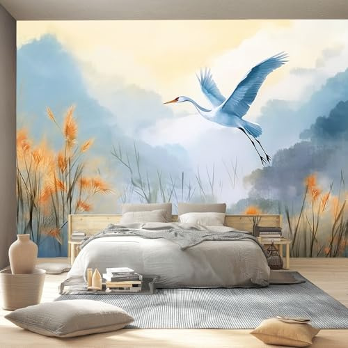 Carta da parati fotografica Stile Cinese Acquerello Montagne Uccelli, Grigio Motivo Poster Murales - 250 x 175 cm 3D Effetto Panorama Carta Da Parati Decorazione per Soggiorno Camera Letto Sala